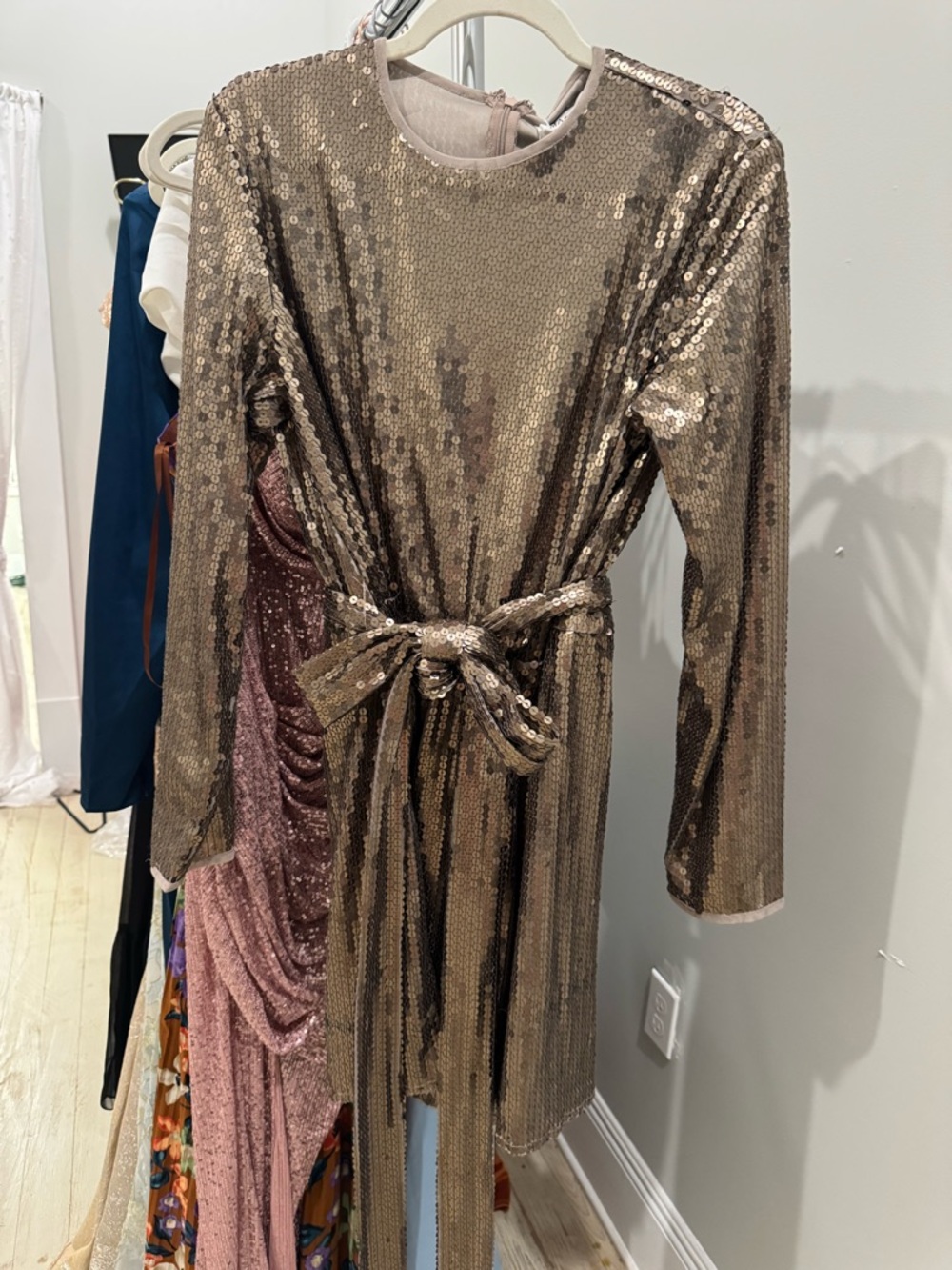 Mac Duggal Gold Sequin Long-Sleeve Tie-Waist Mini Dress